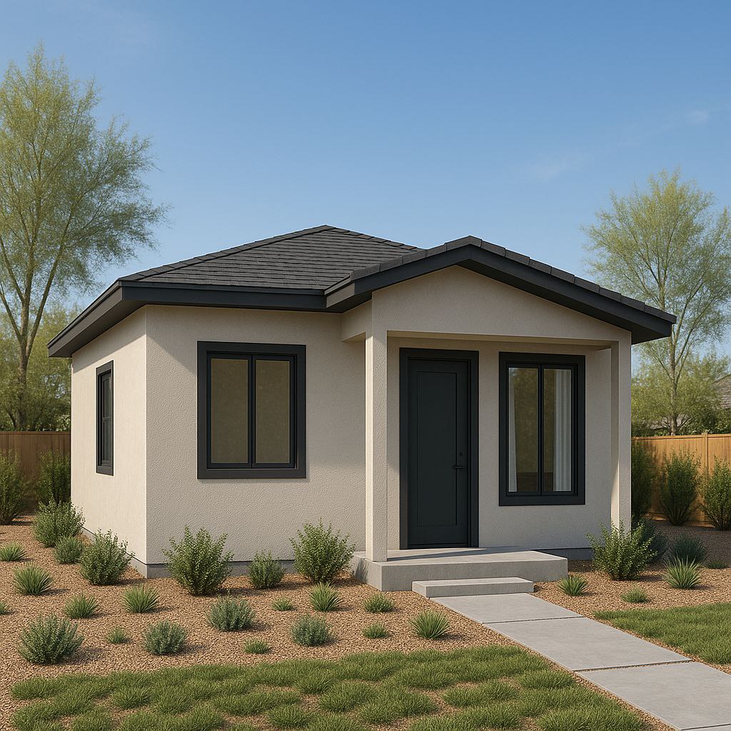 Modern stucco casita in Arizona backyard